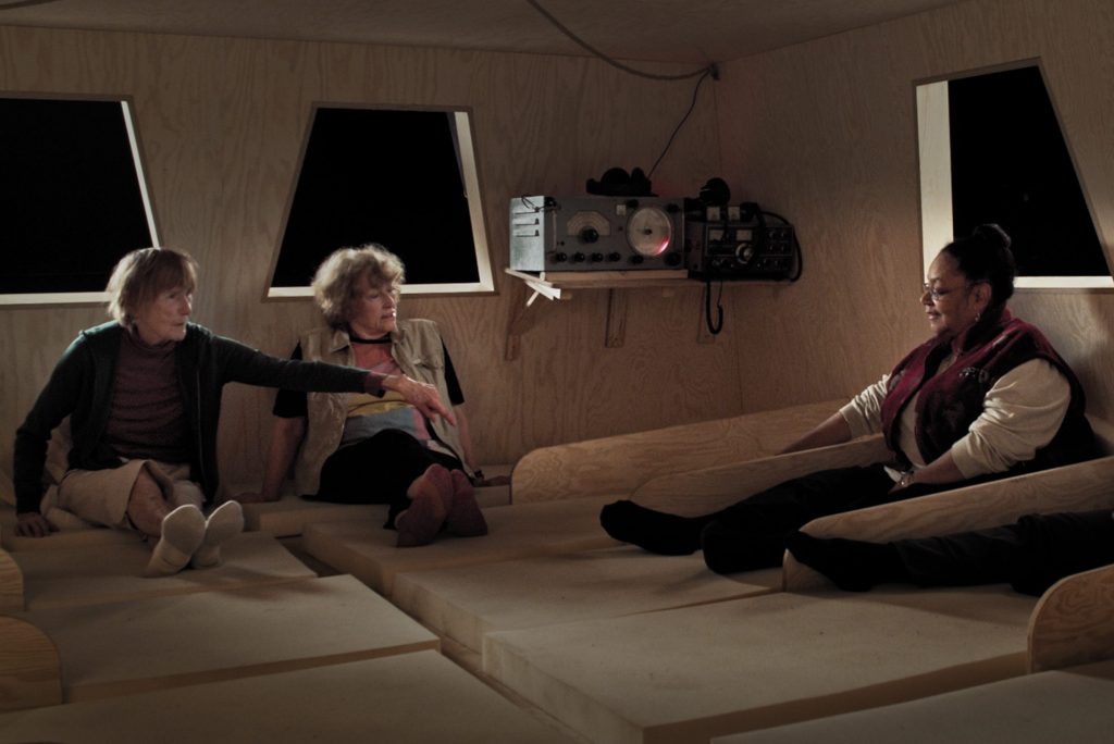 Scene from the documentary film THE RAFT by Marcus Lindeen. Mary Gidley, Edna Reves, Fé Seymour and Servane Zanotti reunite to talk about the 1973 Acali expedition they were part of, drifting across The Atlantic in a small raft as part of a controversial scientific study in human behavior.